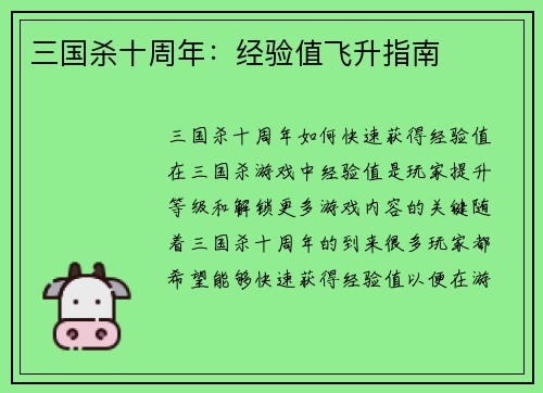 三国杀十周年：经验值飞升指南