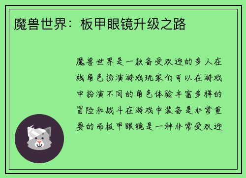 魔兽世界：板甲眼镜升级之路